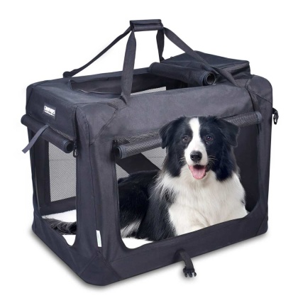 Black - JESPET Soft Pet Crates Kennel, 3 Door Soft Sided Folding Travel Pet Carrier with Straps and Fleece Mat for Dogs, Cats, Rabbits, Indoor/Outdoor Use with Grey, Blue & Beige, Black - 36"L x 24"W x 27"H