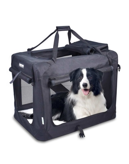 Black - JESPET Soft Pet Crates Kennel, 3 Door Soft Sided Folding Travel Pet Carrier with Straps and Fleece Mat for Dogs, Cats, Rabbits, Indoor/Outdoor Use with Grey, Blue & Beige, Black - 36"L x 24"W x 27"H