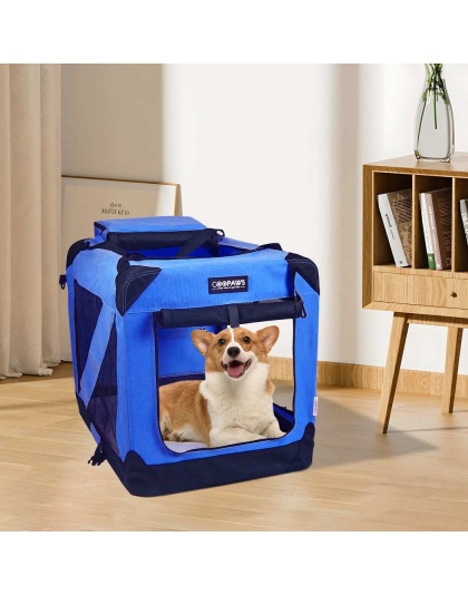 Blue - JESPET Soft Pet Crates Kennel, 3 Door Soft Sided Folding Travel Pet Carrier with Straps and Fleece Mat for Dogs, Cats, Rabbits, Indoor/Outdoor Use with Grey, Blue & Beige, Black - 36"L x 24"W x 27"H