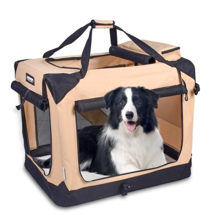 Beige - JESPET Soft Pet Crates Kennel, 3 Door Soft Sided Folding Travel Pet Carrier with Straps and Fleece Mat for Dogs, Cats, Rabbits, Indoor/Outdoor Use with Grey, Blue & Beige, Black - 30"L x 21"W x 23"H