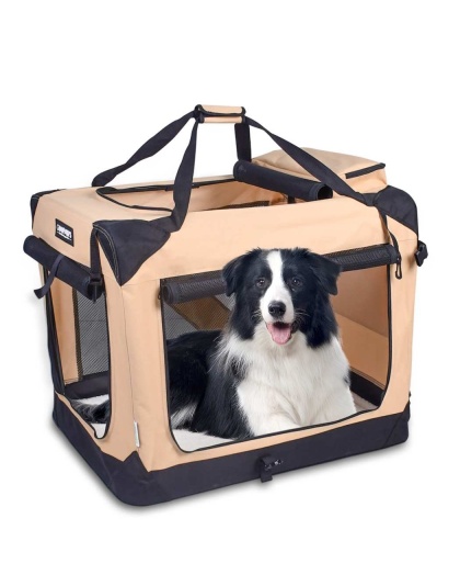 Beige - JESPET Soft Pet Crates Kennel, 3 Door Soft Sided Folding Travel Pet Carrier with Straps and Fleece Mat for Dogs, Cats, Rabbits, Indoor/Outdoor Use with Grey, Blue & Beige, Black - 30"L x 21"W x 23"H
