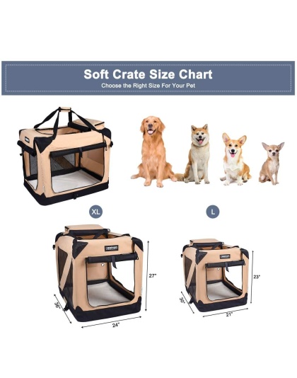 Beige - JESPET Soft Pet Crates Kennel, 3 Door Soft Sided Folding Travel Pet Carrier with Straps and Fleece Mat for Dogs, Cats, Rabbits, Indoor/Outdoor Use with Grey, Blue & Beige, Black - 30"L x 21"W x 23"H