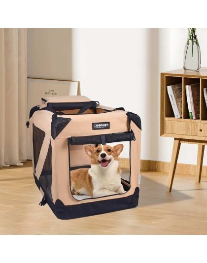 Beige - JESPET Soft Pet Crates Kennel, 3 Door Soft Sided Folding Travel Pet Carrier with Straps and Fleece Mat for Dogs, Cats, Rabbits, Indoor/Outdoor Use with Grey, Blue & Beige, Black - 30"L x 21"W x 23"H