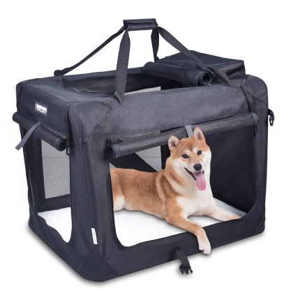Black - JESPET Soft Pet Crates Kennel, 3 Door Soft Sided Folding Travel Pet Carrier with Straps and Fleece Mat for Dogs, Cats, Rabbits, Indoor/Outdoor Use with Grey, Blue & Beige, Black - 30"L x 21"W x 23"H