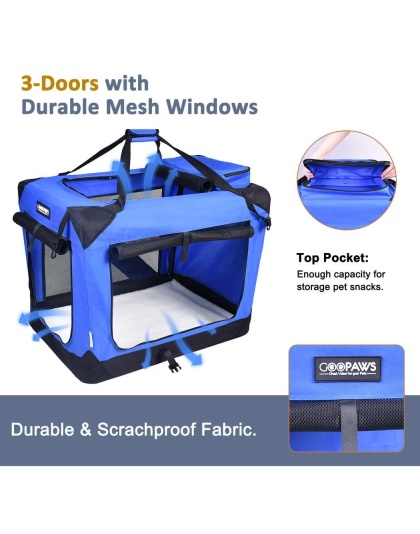 Blue - JESPET Soft Pet Crates Kennel, 3 Door Soft Sided Folding Travel Pet Carrier with Straps and Fleece Mat for Dogs, Cats, Rabbits, Indoor/Outdoor Use with Grey, Blue & Beige, Black - 30"L x 21"W x 23"H