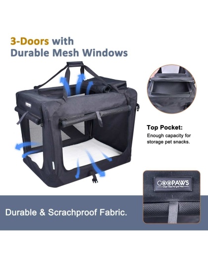 Black - JESPET Soft Pet Crates Kennel, 3 Door Soft Sided Folding Travel Pet Carrier with Straps and Fleece Mat for Dogs, Cats, Rabbits, Indoor/Outdoor Use with Grey, Blue & Beige, Black - 30"L x 21"W x 23"H