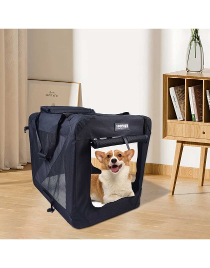 Black - JESPET Soft Pet Crates Kennel, 3 Door Soft Sided Folding Travel Pet Carrier with Straps and Fleece Mat for Dogs, Cats, Rabbits, Indoor/Outdoor Use with Grey, Blue & Beige, Black - 30"L x 21"W x 23"H