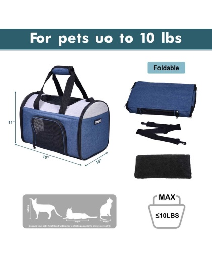 Blue Grey - JESPET Soft-Sided Kennel Pet Carrier for Small Dogs, Cats, Puppy, Airline Approved Cat Carriers Dog Carrier Collapsible, Travel Handbag & Car Seat - 16" x 10" x 11"