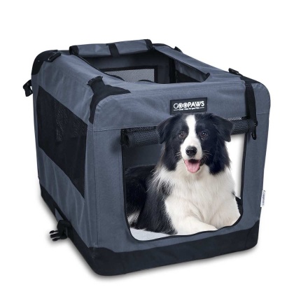 Grey - JESPET Soft Pet Crates Kennel, 3 Door Soft Sided Folding Travel Pet Carrier with Straps and Fleece Mat for Dogs, Cats, Rabbits, Indoor/Outdoor Use with Grey, Blue & Beige, Black - 26"L x 20"W x 20"H