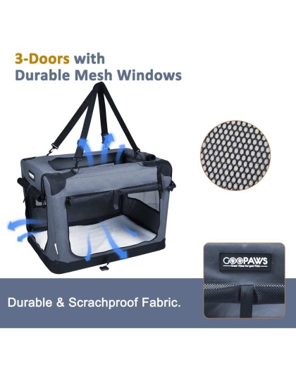 Grey - JESPET Soft Pet Crates Kennel, 3 Door Soft Sided Folding Travel Pet Carrier with Straps and Fleece Mat for Dogs, Cats, Rabbits, Indoor/Outdoor Use with Grey, Blue & Beige, Black - 26"L x 20"W x 20"H