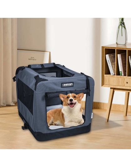 Grey - JESPET Soft Pet Crates Kennel, 3 Door Soft Sided Folding Travel Pet Carrier with Straps and Fleece Mat for Dogs, Cats, Rabbits, Indoor/Outdoor Use with Grey, Blue & Beige, Black - 26"L x 20"W x 20"H