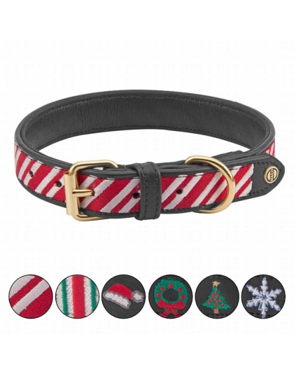 Leather with Candy Cane Embroidery - Halo Dog Collar  - XL