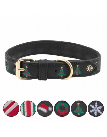 Leather with Christmas Christmas Tree Embroidery - Halo Dog Collar  - L