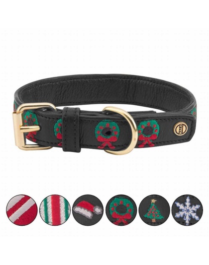 Leather with Christmas Wreath Embroidery - Halo Dog Collar  - M