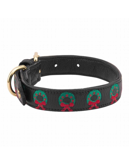 Leather with Christmas Wreath Embroidery - Halo Dog Collar  - M
