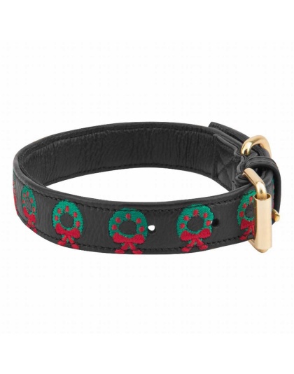 Leather with Christmas Wreath Embroidery - Halo Dog Collar  - M