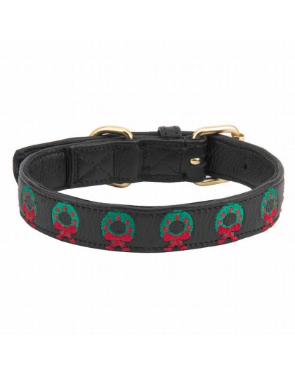 Leather with Christmas Wreath Embroidery - Halo Dog Collar  - M