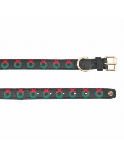 Leather with Christmas Wreath Embroidery - Halo Dog Collar  - M