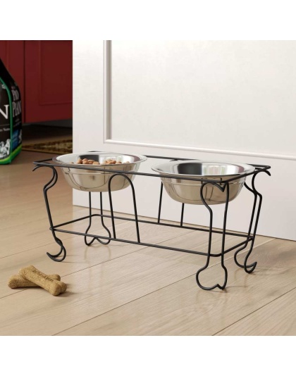 YML Wrought Iron Stand with Double Stainless Steel Feeder Bowls - Large